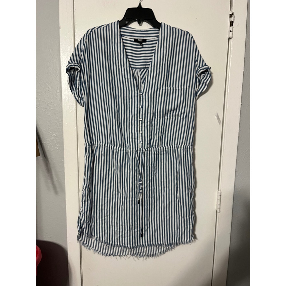 PAIGE Blue White Striped Tencel Shirtdress Short Sleeve Drawstring Large